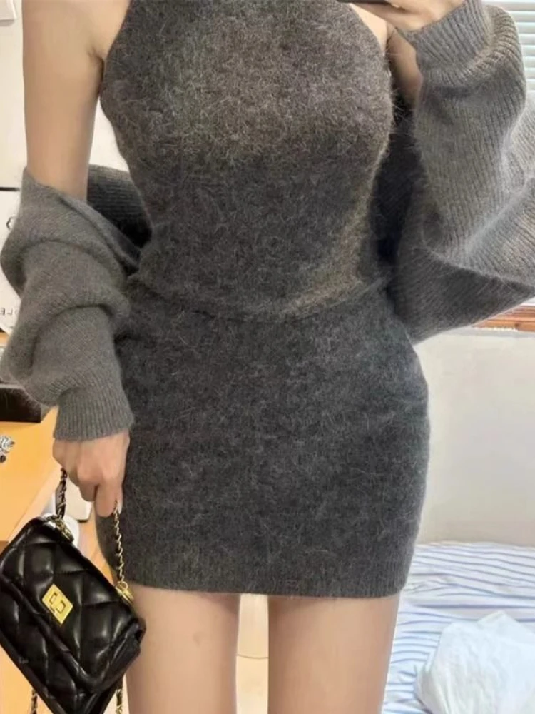 Korean Style Sexy Two Piece Set Women Solid Knitted Cardigan + Slash Neck Mini Dress Female Elegant Casual Party Dress Suit 2023