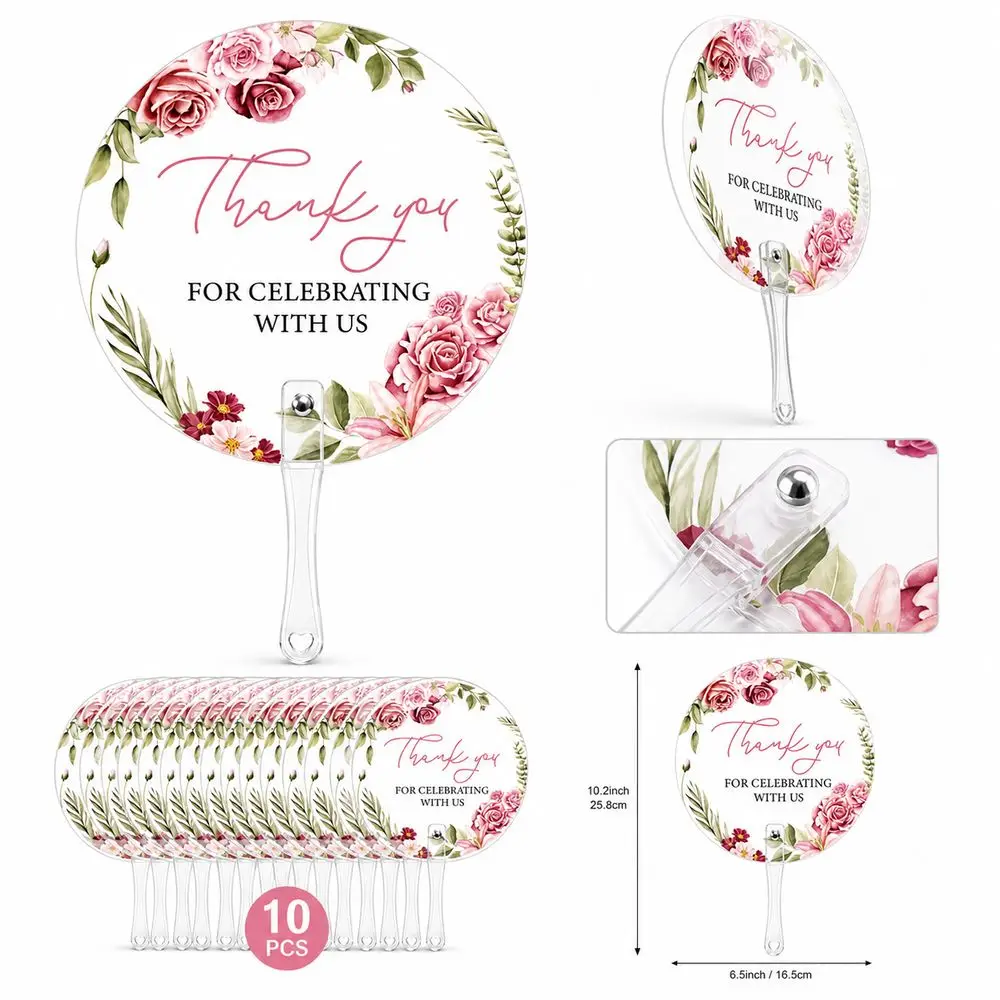 10Pcs Pink Floral Thank You Hand Fan Translucent Single-Sided Print Translucent Round Fan Plastic Wedding Hand Fans Party Favor