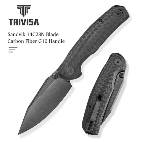 TRIVISA EDC Folding Knife, 3.34" 14C28N Blade, Carbon Fiber Style G10 Handle, Hornet-CG