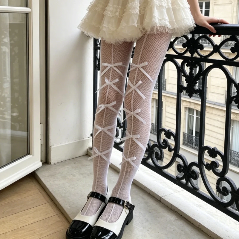 Princess Bowknot Fishnet Mesh Footed Tights For girlhood Summer Hollow Hollow Design Ultra Soft Breathable Lightweight Stockings