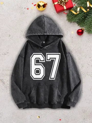 Number 67 Birthday Men's Heavyweight Hoodie - Acid Wash Retro Black Pullover, Fall & Winter Sweatshirt 400Gsm