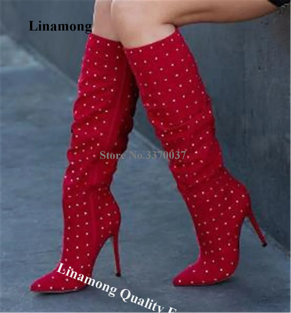 

Linamong Bling Bling Rhinestones Thin Heel Long Boots Charming Pointed Toe Red Suede with Crystals Stiletto Heel Knee High Boots