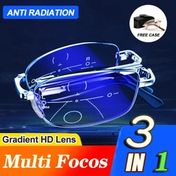 3 IN 1 Foldable Reading Glasses with Case Men look far and near Progressive Multi-Focus Glasses Anti Radiation Glasses Anti Blue
