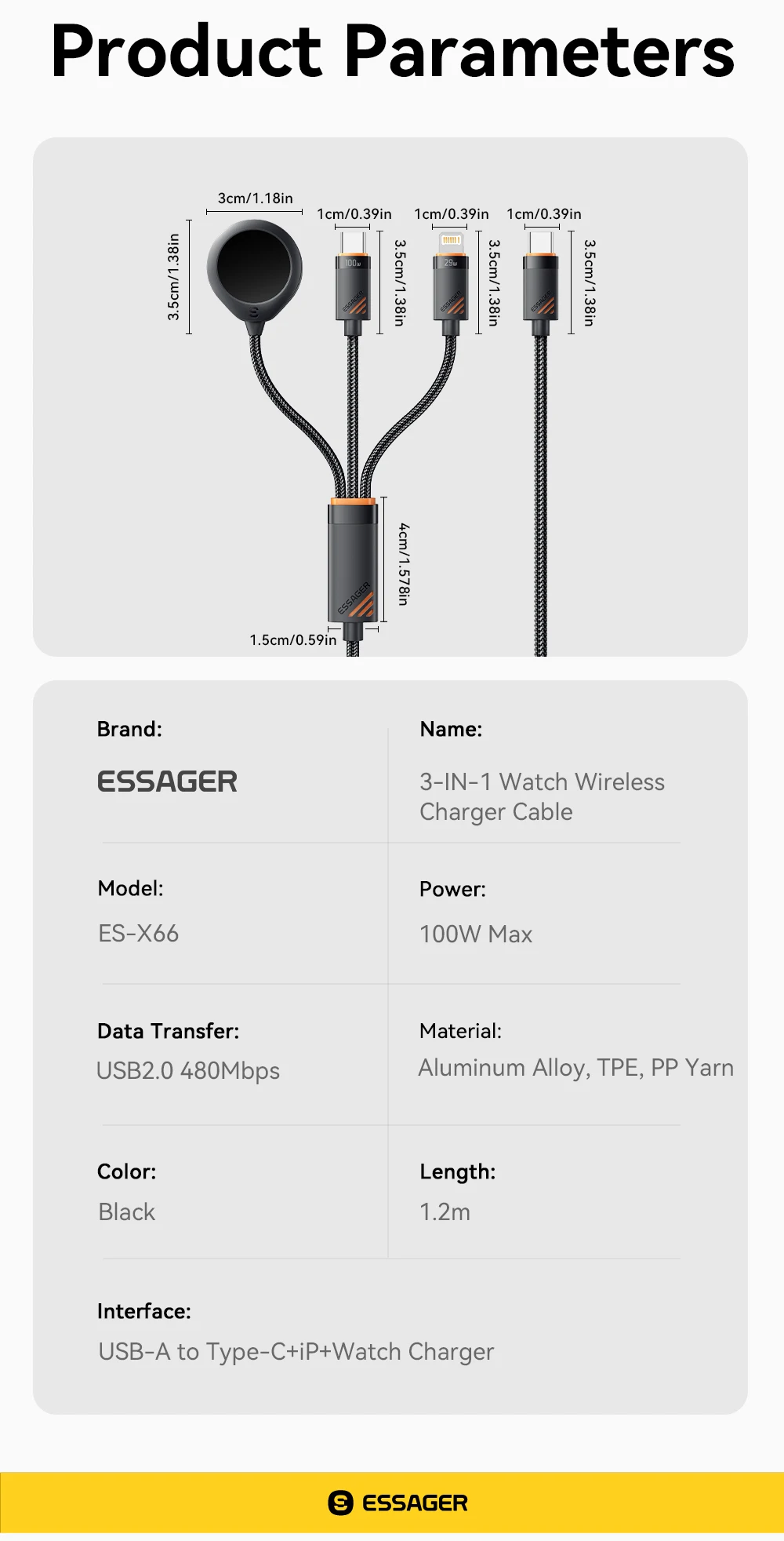 Essager 3-in-1 100 W Multi-USB-C-Ladekabel für Apple iWatch iPhone 16/15/14/13 Pro mit Typ-C-Lightning-Schnellladekabel – Detail 18