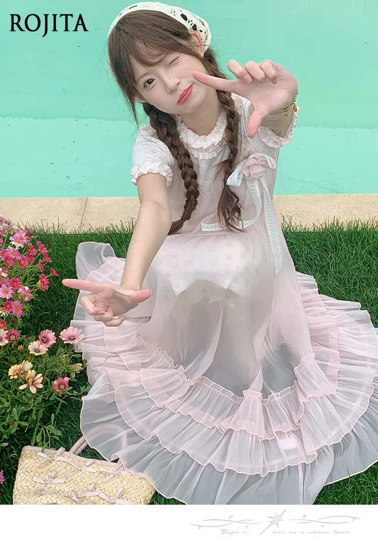 

Sweet Pink White Two Piece Dress Summer Cute Cat Paw Printing Knitted Bottom Dress + Long Pink Fairy Gas Big Swing Dress Woman