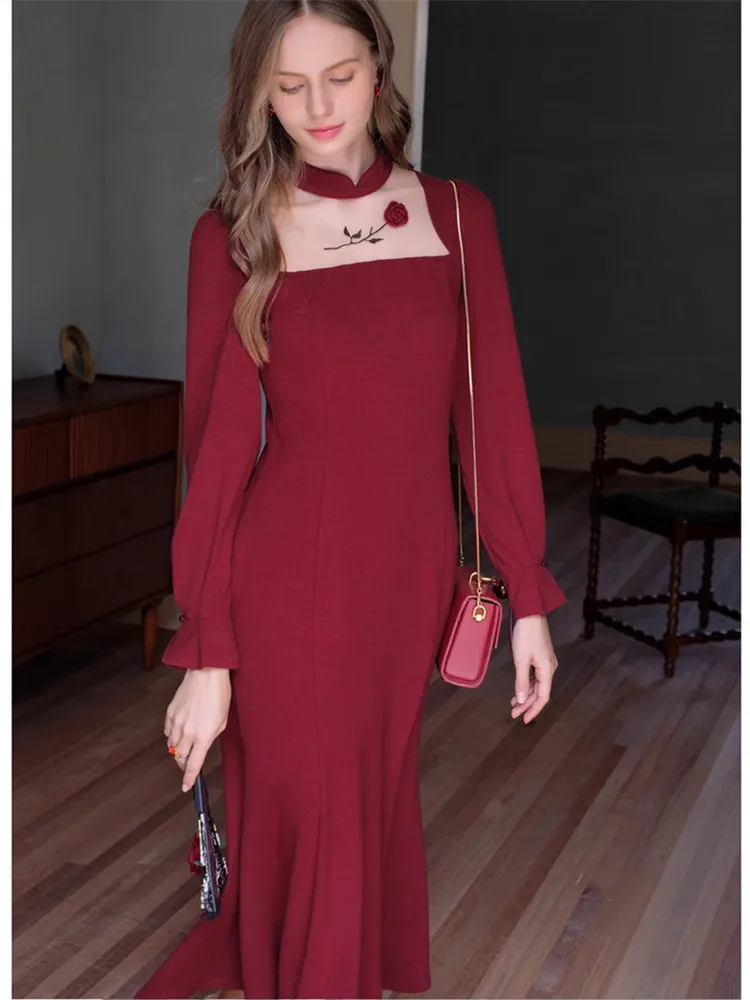 AIGYPTOS Fall Winter Knitted Fish Tail Dress Women Elegant Slim Handmade Crochet Rose Long Sleeve Red Party Birthday Long Dress