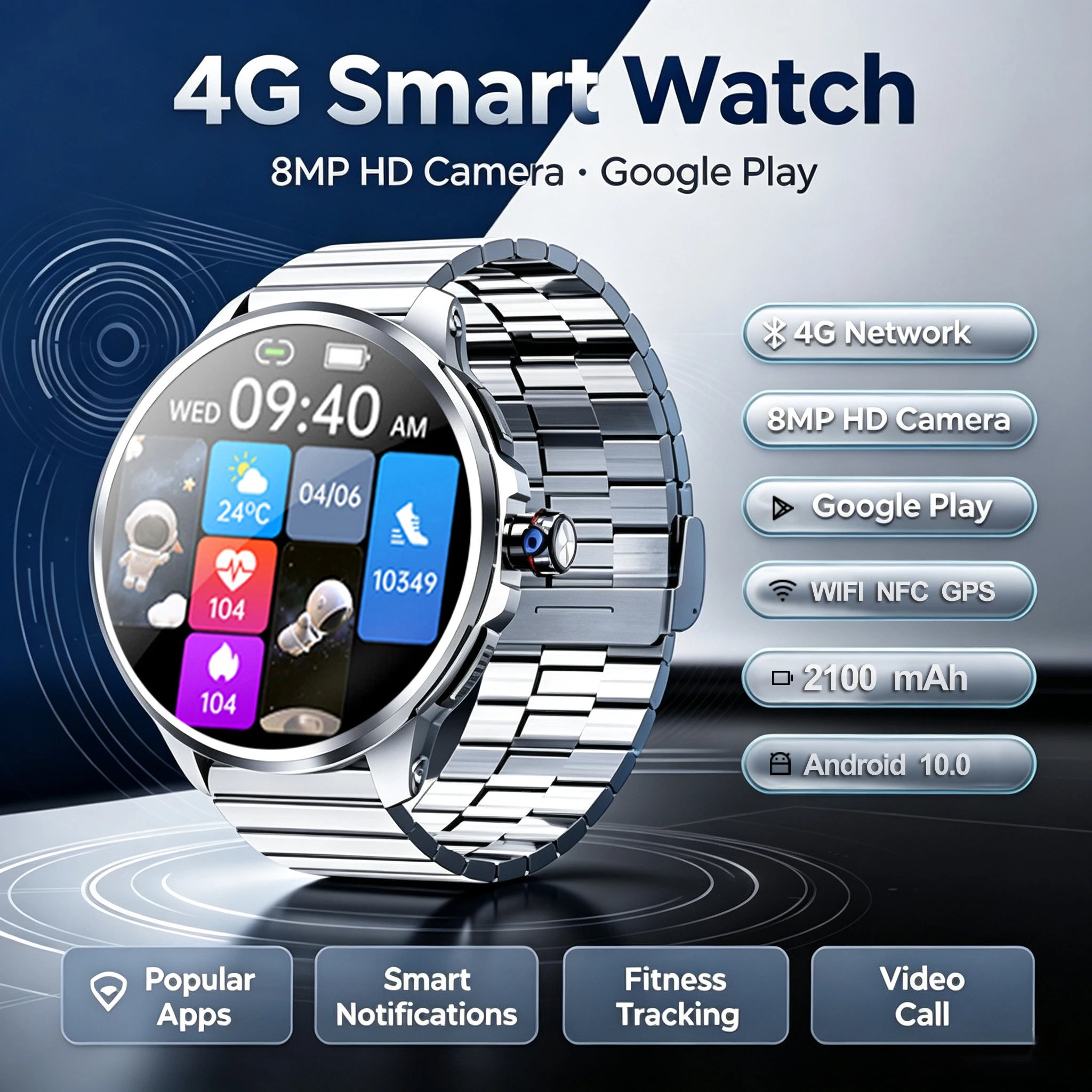 4G Full Network 5G Smart Watch 720*720 AMOLED HD Screen Video Call 16GB+256GB RAM 2100 mAh GPS Sport Heart rate Google Android10