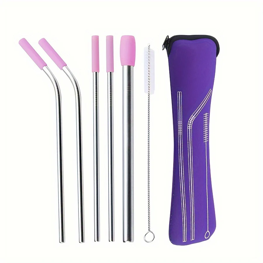 stainless steel straw set Coffee milk tea juice straw Straight pipe elbow pipe with cleaning brush and storage bag