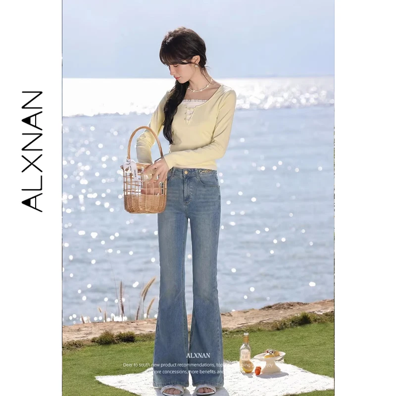 

Джинсы-клеш ALXNAN синие, весна 2026, с высокой талией, металлическими пуговицами, винтажные, женские, элегантные брюки L61382A