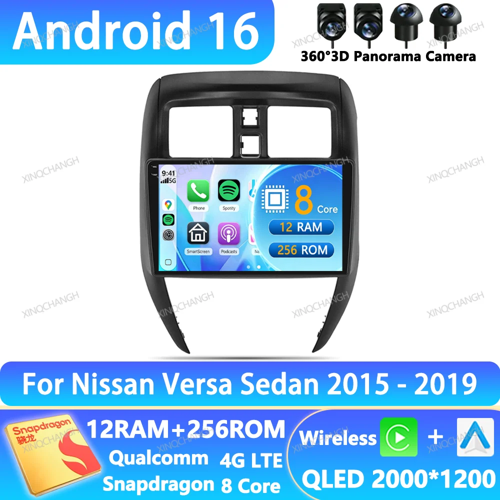 Android 16 Car Radio For Nissan Versa Sedan 2015 - 2019 Multimedia Video Player 4G LTE 5G WIFI QLED GPS Carplay Auto Qualcomm BT