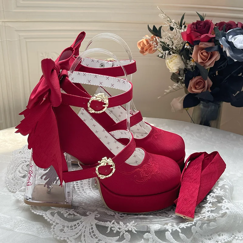 Original Lolita Satin High Heels Autumn New Women's Sweet Elegant Bow Mary Jane Shoes Ladies Birthday Party Cos Platform Shoes