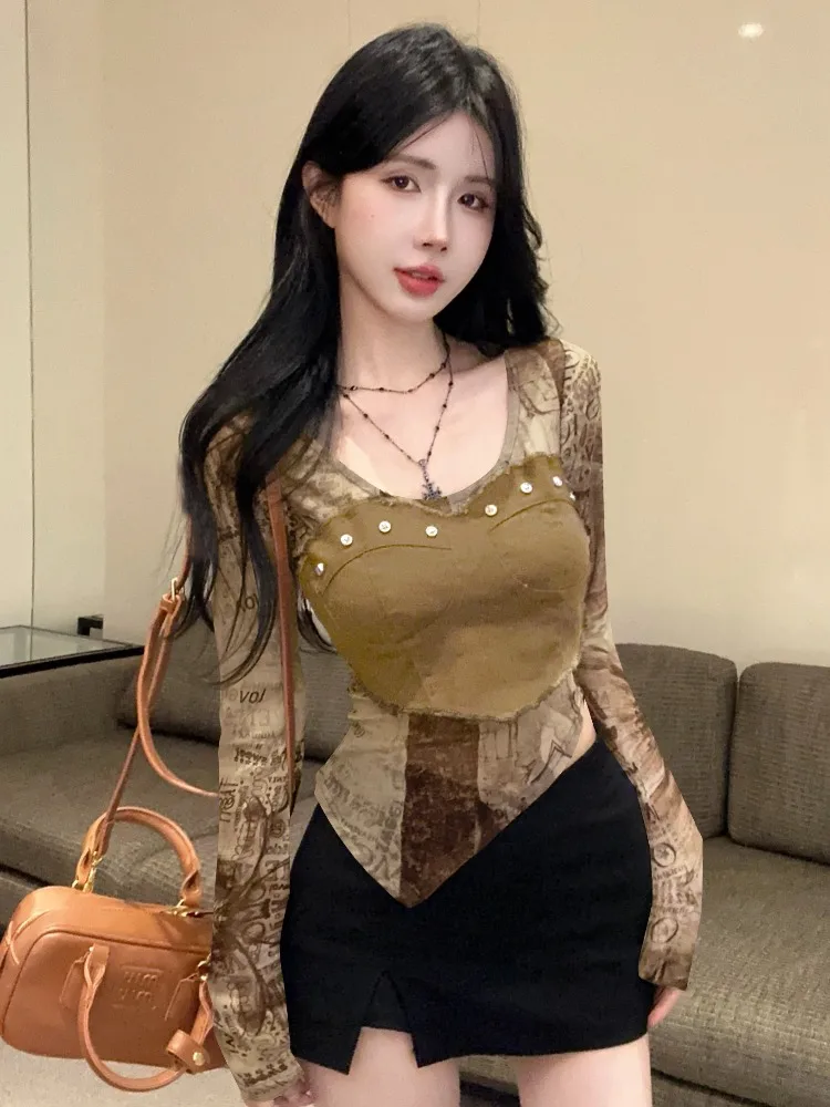 

Spicy Girl Dyed T-Shirt Women's Slim Fit U-Neck Spring Autumn New Style Irregular Hem Mesh Splice Design Breathable Skin-Frie...