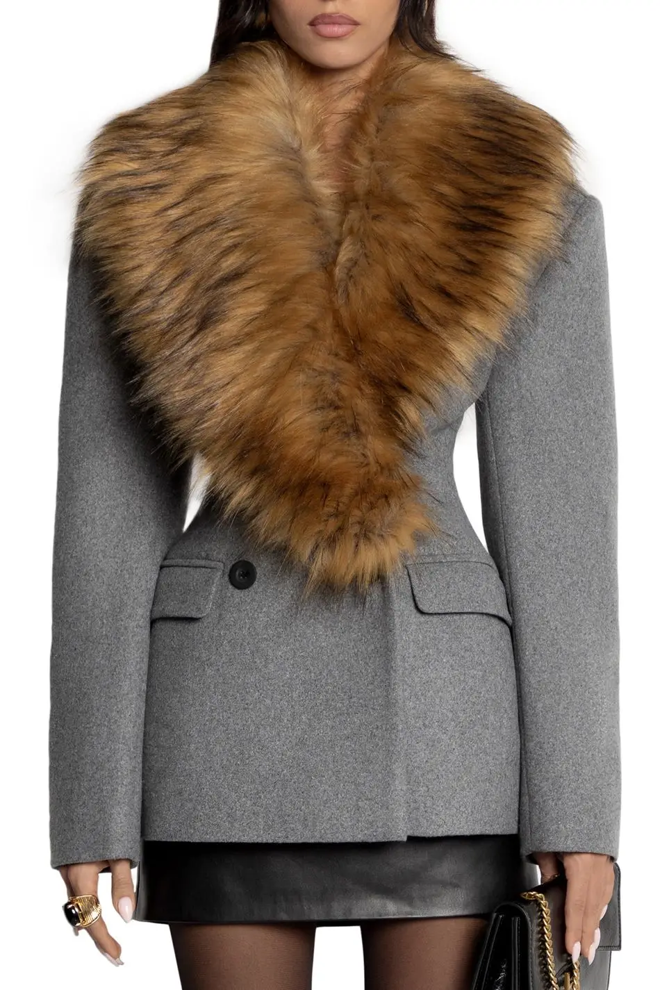 Laur 2026 Women Wool Blend Blazer Coat With Large Faux Fur Collar, Double Breasted Waist‑Tailored Autumn Winter Outerwear