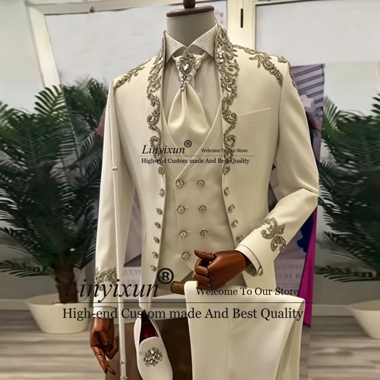 

Luxury Rhinestone Embellished Men's Suit 3 Piece Tuxedo Set Shawl Lapel Wedding Formal Suit Slim Fit Custom Made costumes homme