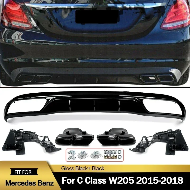 For Mercedes Benz C Class W205 C300 Base Sedan NON AMG Rear Diffuser+Exhaust Tips 2015-2018 Classic Model Rear Bumper