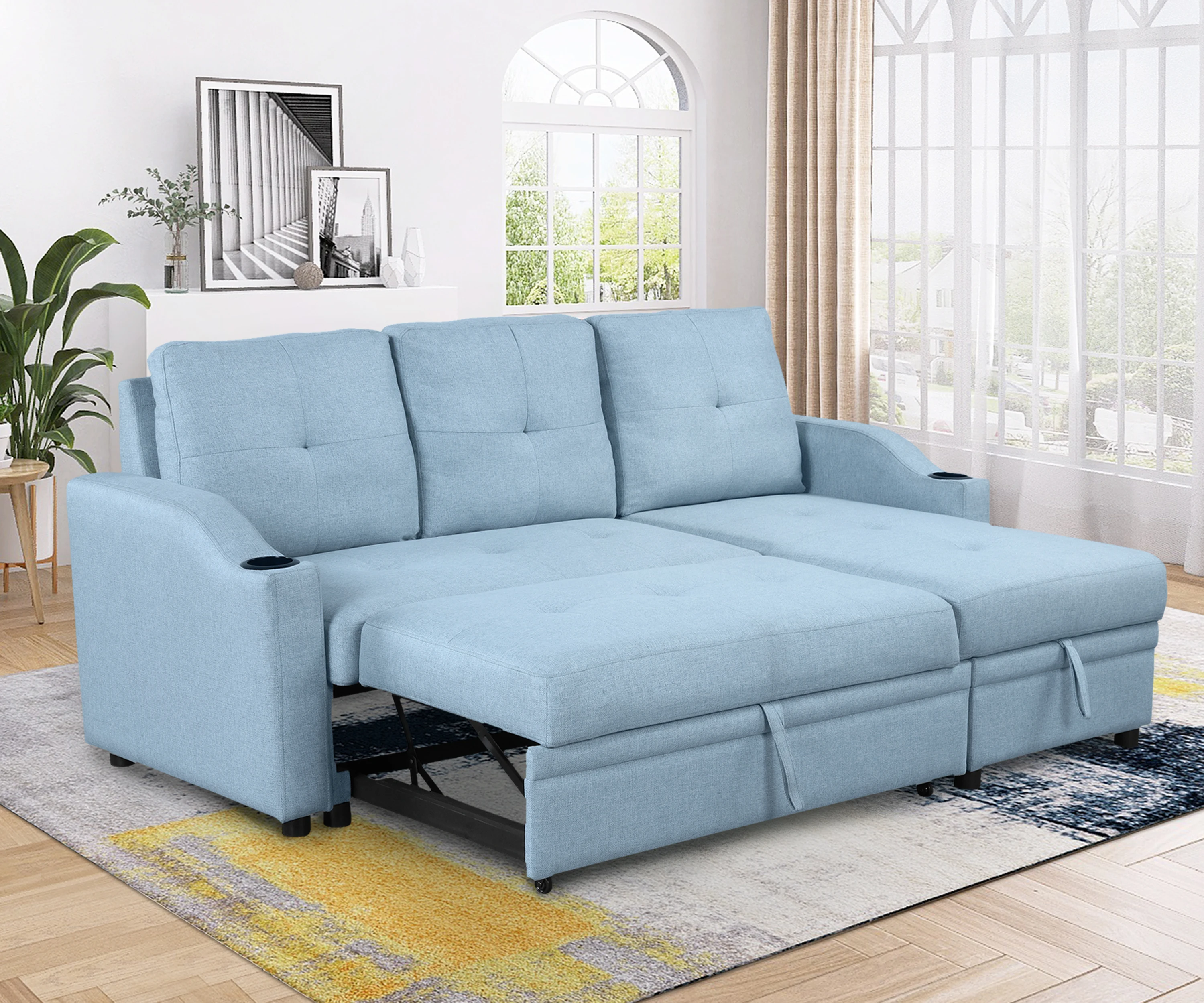 

80.3" Orisfur. Pull Out Sofa Bed Modern Padded Upholstered Sofa Bed , Linen Fabric 3 Seater Couch with Storage Chaise and Cup Ho