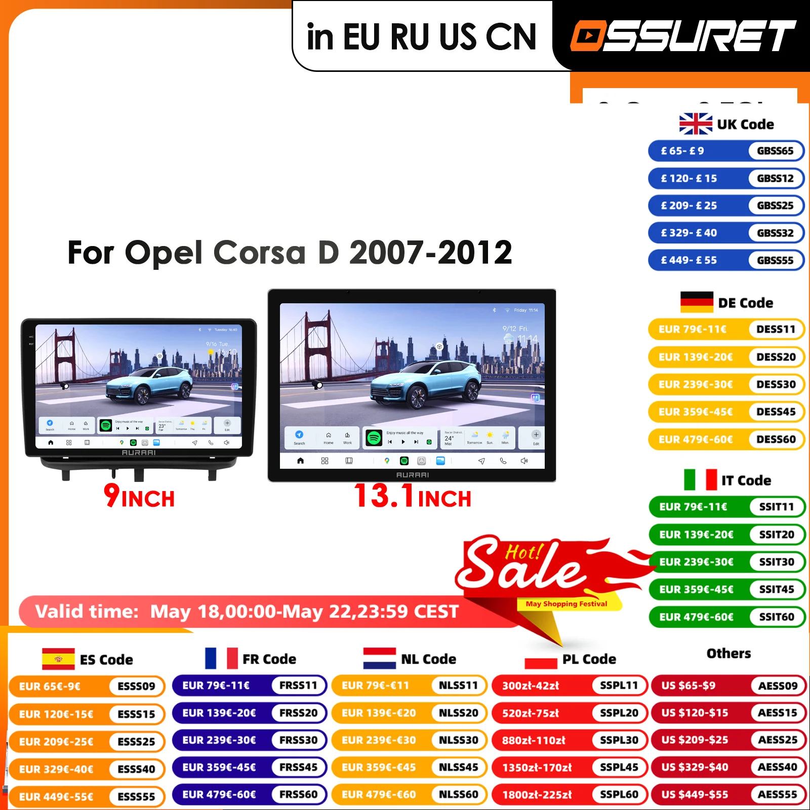 

13.1inch 2K Screen Carplay Android for Opel Corsa D 2007-2012 Car Infotainment Multimedia Player GPS DSD Stereo 360° ADAS Camera