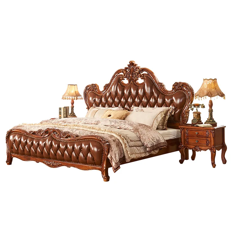 

European classical solid wood carving flower leather bedroom furniture 1.8 meters double bed master bedroom luxury wedding