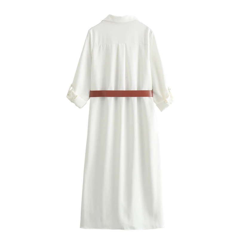 YENKYE Spring 2024 Women With Belt Long Shirt Dress Turned-up Sleeves Front Patch Pockets Female High Street Dresses