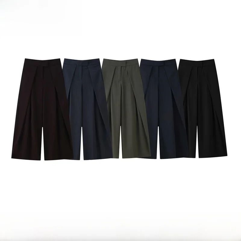 Faionable pantalon ample décontracté pour femme automne hiver nouveauté taille haute fermeture éclair fibre de polyester pantalon à jambes larges droit...