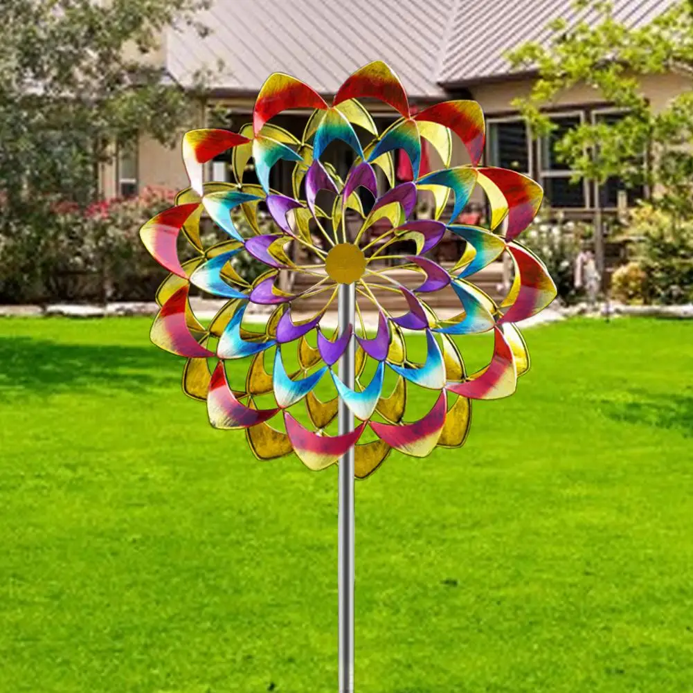 

Colorful Flower Wind Spinner with Stake Weather-proof Yard Lawn Metal Rotary Windmill Ground Spike Garden Decoration