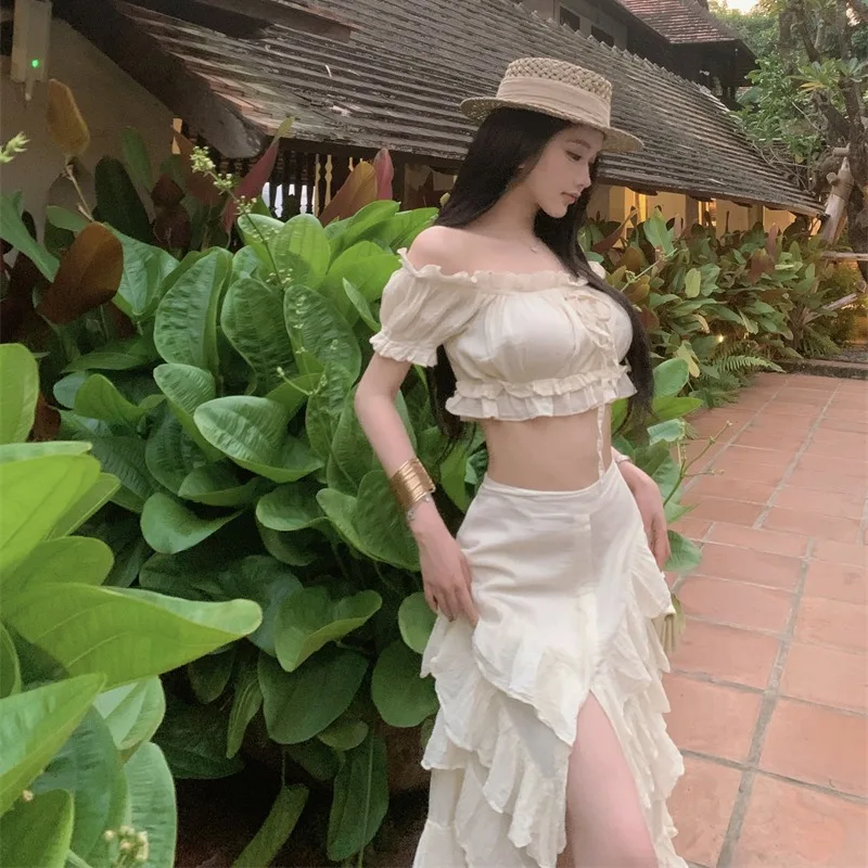 Women Boho 2 Piece Set Off Shoulder Crop Top + Ruffle Tiered Slit Maxi Skirt Summer Beach Vacation Outfit - Image 3