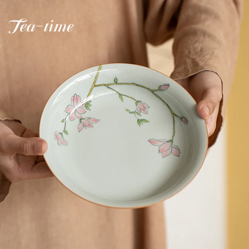 Hand-painted Magnolia Flower Ceramic Pot Bearing Holder Retro Dry Brew Table Tea Tray Household Refreshment Fruit Plate Crafts