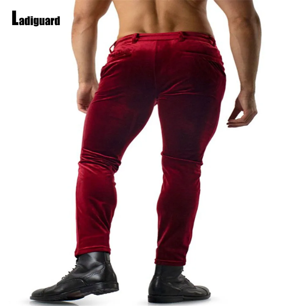 Men\'s Stand Pocket Elegant Velvet Pants Solid Red Basic Trousers Autumn Winter Fashion Zipper Pants Male Ankle-Length Bottoms