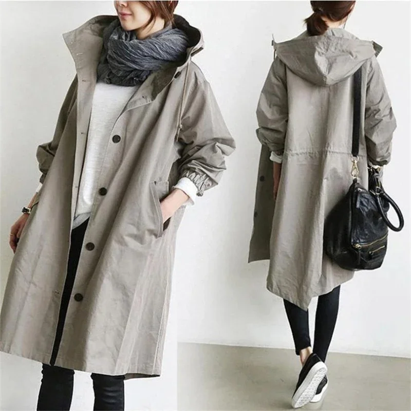 ผู้หญิงเสื้อ 2024 ฤดูใบไม้ร่วงสีทึบHooded Windbreaker Long Trench Coat Office Lady Casualแฟชั่นOuterwearเสื้อคลุมหญิง