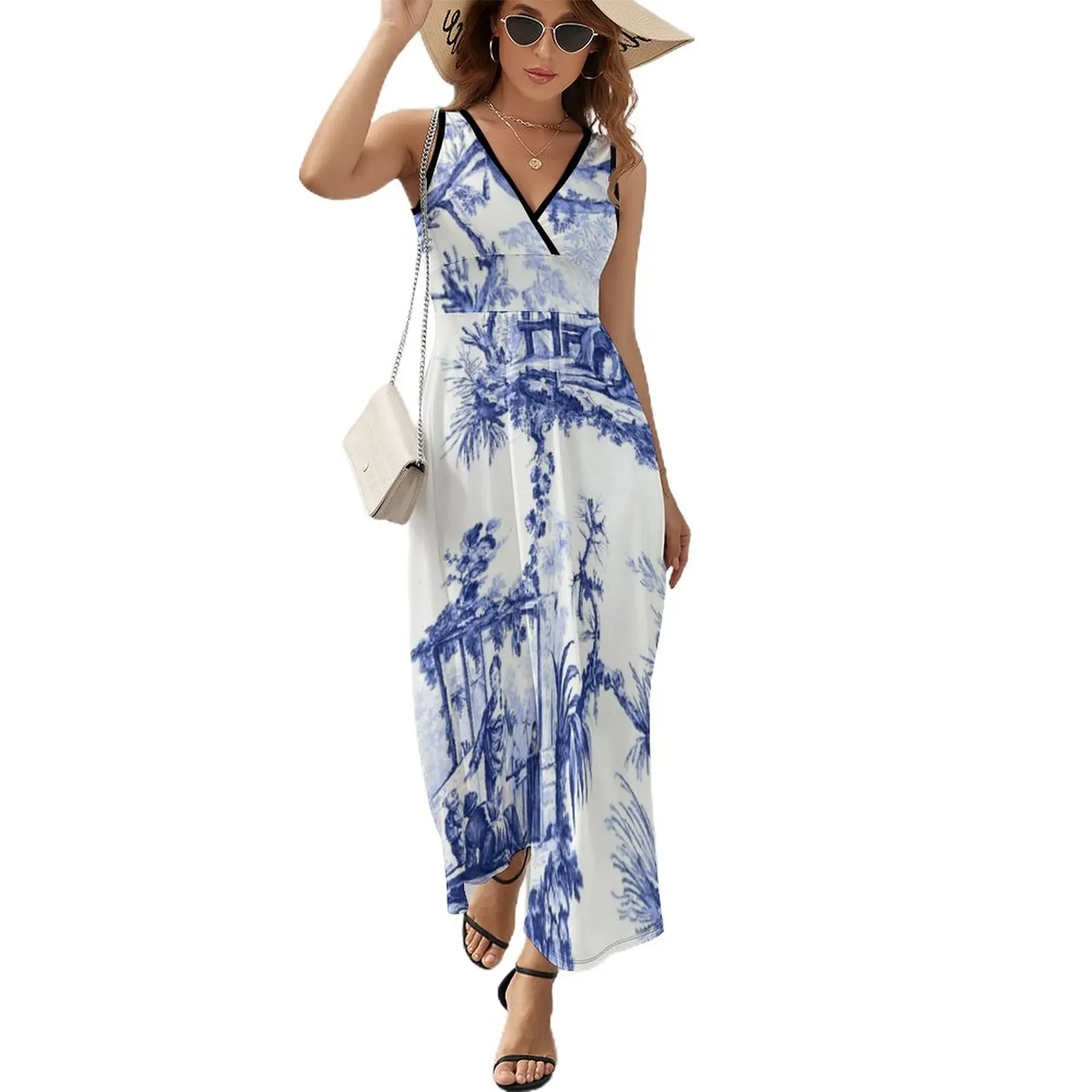 Blue Chinoiserie Toile Sleeveless Dress Women's summer suit Women's dresses