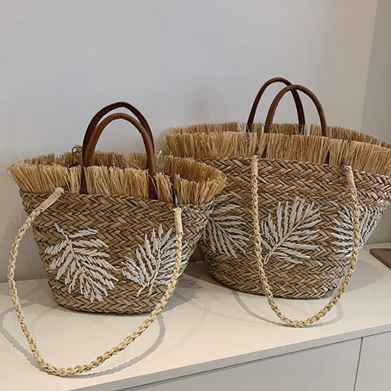 

Embroidered Woven Bucket Bag Stylish Large Capacity Tassel Decor Handbag Summer Beach Vacation Style Shoulder Bag Handwoven Tote