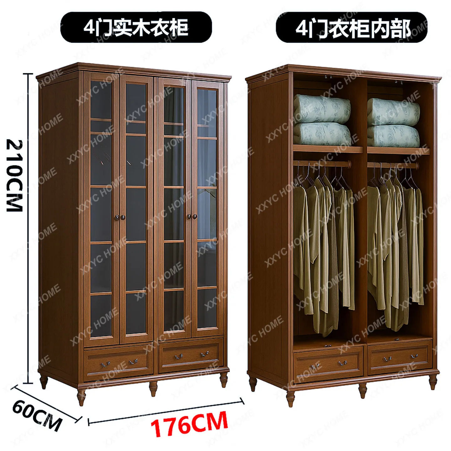 door solid wood wardrobe large capacity with glass door, household bedroom independent small apartment storage