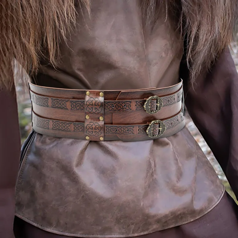 Medieval Viking Style Embossed Wide Belt Waistband PU Leather Waist Belt Retro Renaissance Knight Buckles Belt Cosplay Props