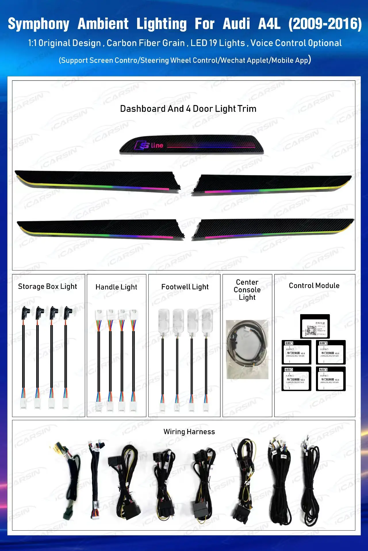 iCarsin Upgrade Symphony Led Car Interior Ambient Light Decoration For Audi A4 B8 2009-2016 Atmosphere Strip Accessories