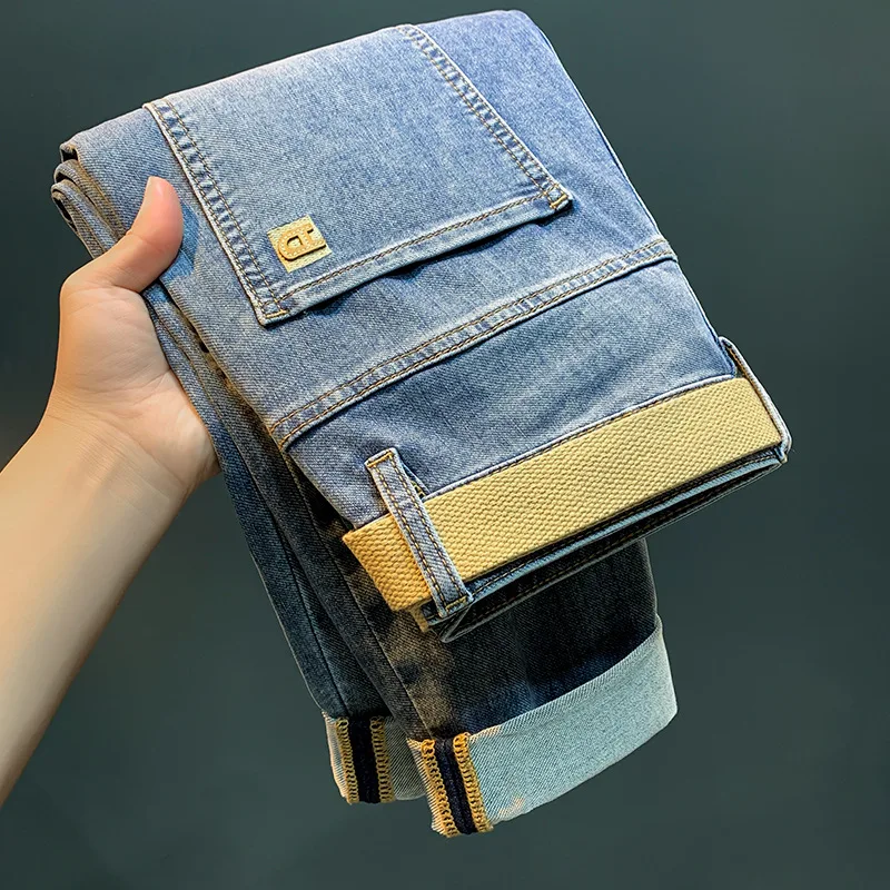 2024New Light-Colored Cropped Jeans Men's Summer Thin High-End Embroidered Pencil Pants Casual Pants Slim Fit Stretch Feet Pants