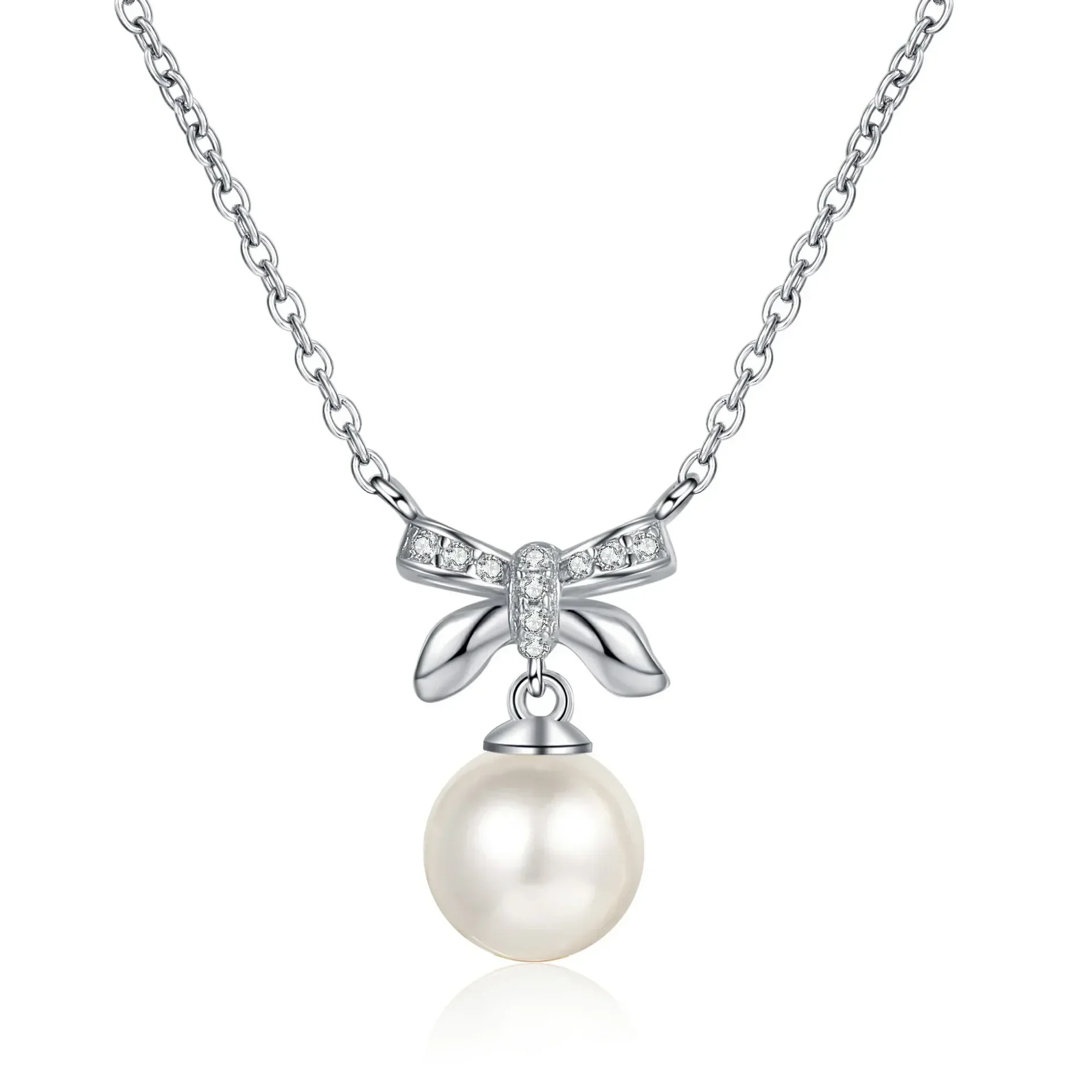 

PT950 Platinum Chain Moissanite Necklace Bride Gifts, Natural 8mm White Freshwater Pearl Bowknot Pendant Necklace For Women