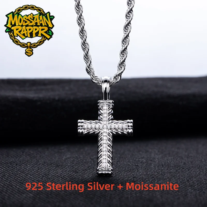 MossanRappr D Color Moissanite Iced Out Cross Pendant For Men&Women 925 Sterling Silver Punk Hip Hop Necklace Fine Jewelry Gifts