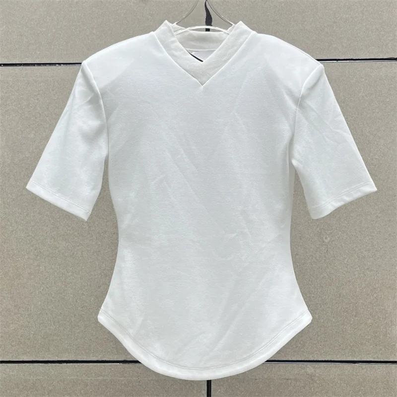 T-shirt 2024 Summer New Korean Fashion V-neck shoulder pad pullover Elastic knitting Cotton Slim Short sleeved top y2k Women top