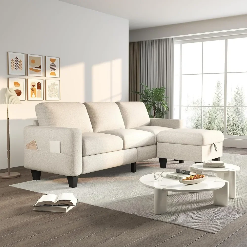 Modular sofa, Beige linen modern 3 seater L shaped upholstered furniture, Reversible footrest with storage and pockets