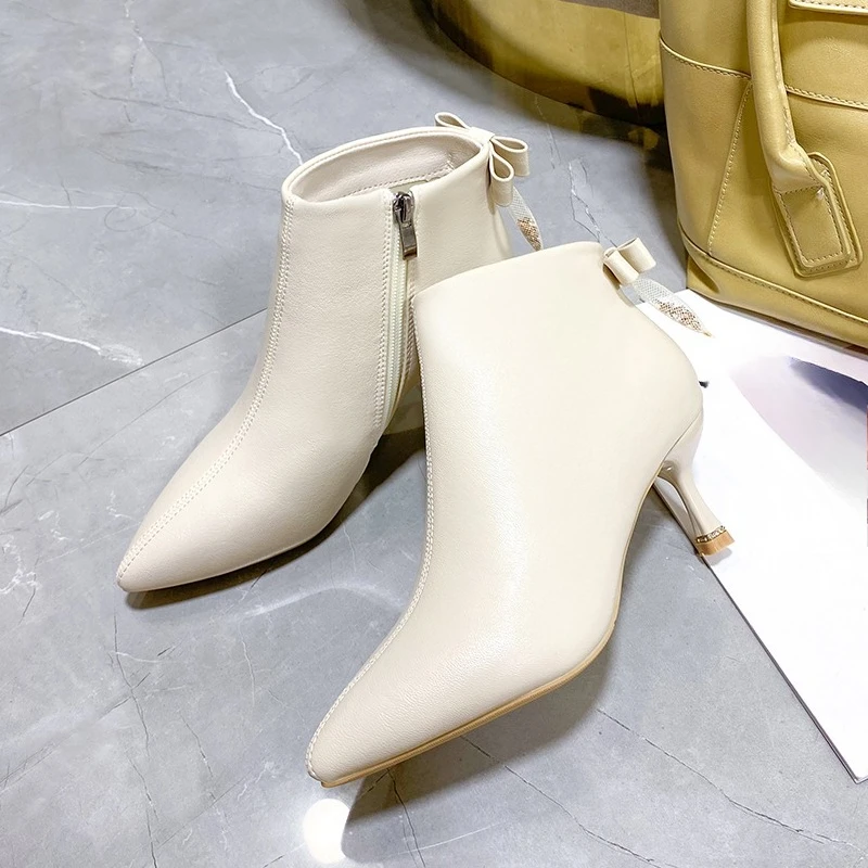 Temperament Stiletto Booties Autumn New Pointed Toe Back Zipper Bow Non-Slip Wear-Resistant High Heels