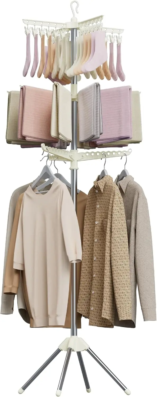 Clothes Drying Rack Foldable,Laundry Drying Rack with Rotating Clothes Rail for Hanging Socks,Space Saving