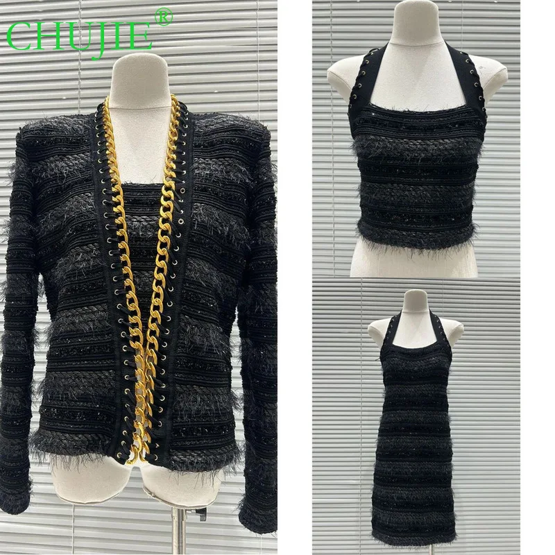 

CHUJIE 2025 Осенний французский стиль: Кардиган с металлической цепочкой и v-образным вырезом + жилет с лямкой на шее + комплект облегающего платья, облегающий сексуальный стиль