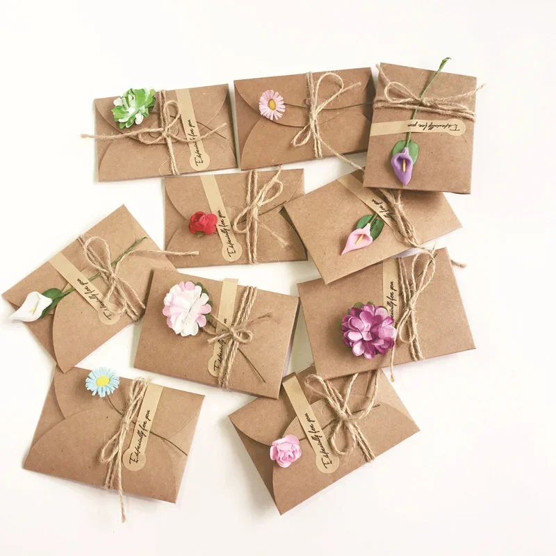 5/10pcs Handmade Dry Flower DIY Kraft Paper Invitation Greeting Card Inner Paper With Ribbon & Envelope & Seals Wedding Favors