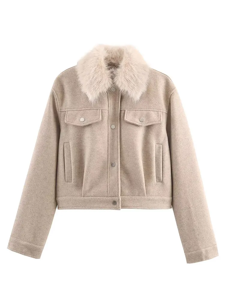 Herfst Nieuwe Vrouwen Faux Fur Revers Jas Casual Solid Lange Mouw Single Breasted Cropped Jassen Vrouwelijke Elegante Mode Uitloper