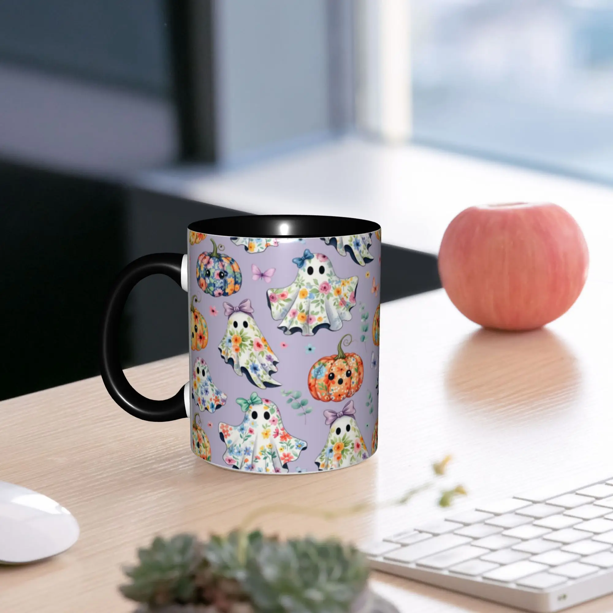 1pc 11Oz Cute Floral Ghost And Pumpkin for Halloween Coffee Mug - Lavender Background with Butterfly Design (); Perfect Gift for Halloween Lovers, Friends, Birthdays, Christmas, And Thanksgiving