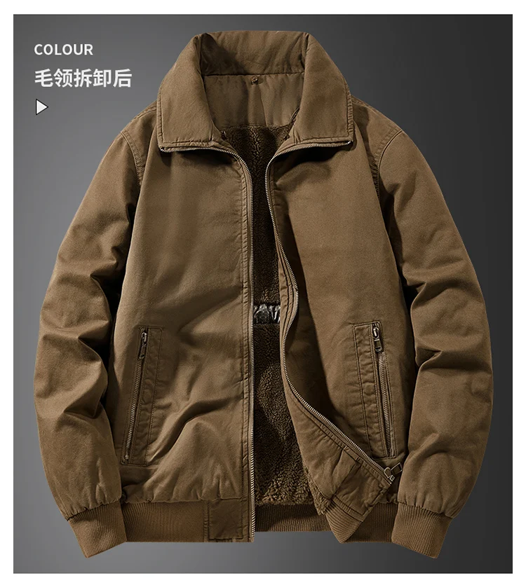 

Men New Jacket Detachable Fur Collar Winter Men Pure Cotton Thick Velvet Jacket Washed with Water Graphene Workwear Jacket