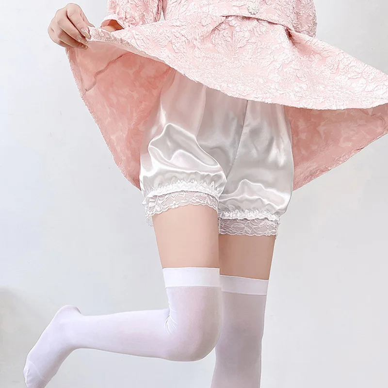 New Anti Exposure Ice Silk Bloomers Safety Pants Women Ruffles Lace Lolita Satin Knickers Panties Safety Shorts Dress Pettipants