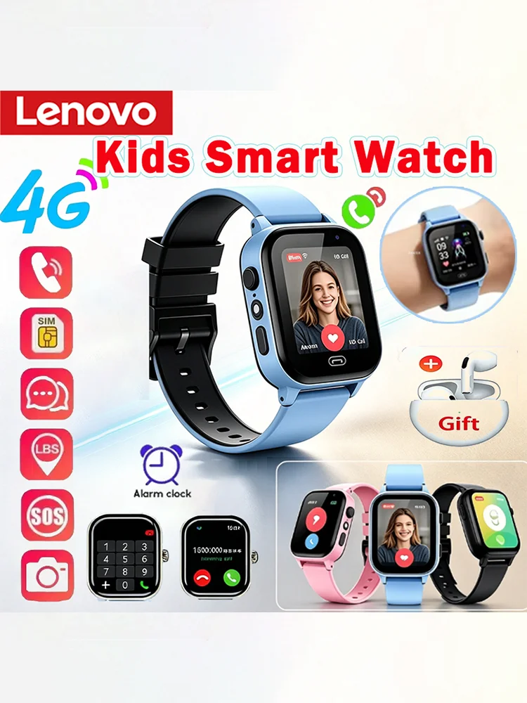 Lenovo 5G Kinder-Smartwatch mit GPS-Ortung, Videoanruf, SIM-Karte, SOS, wasserdicht, Kamera, Upgrade 2027 für Jungen und Mädchen, mit Kopfhörer
