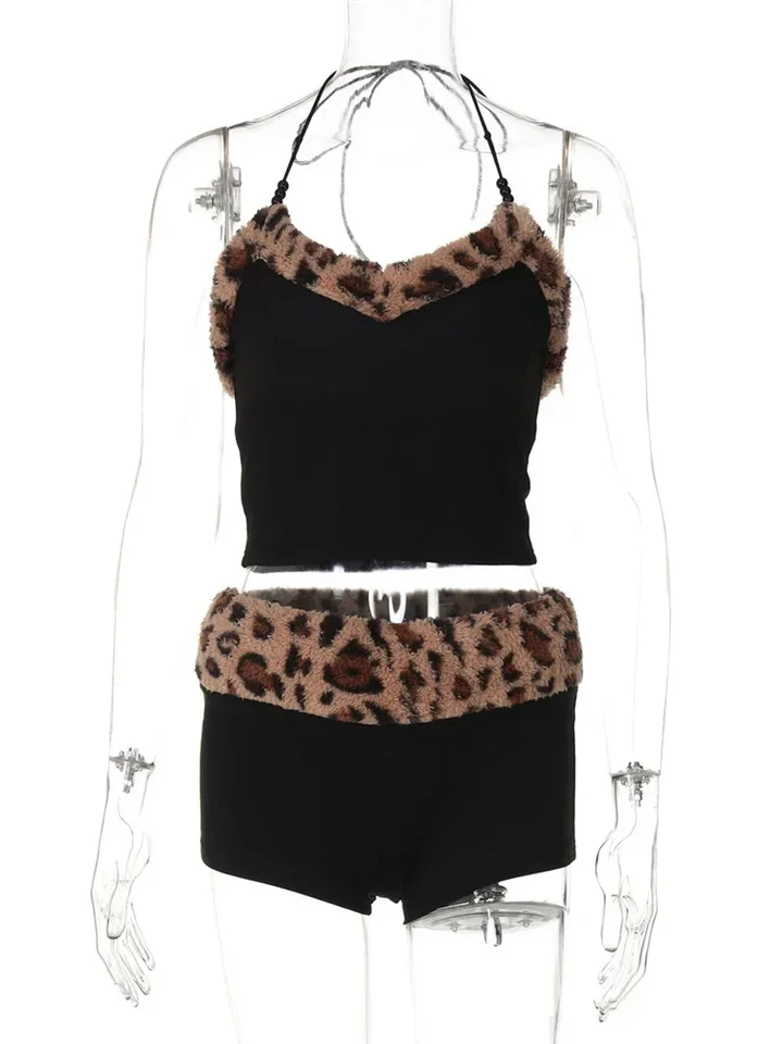 Sexy Leopard Lace-Up 2 Piece-Set Female Patchwork Summer 2025 V-Neck Bandage Top And High Waist Contrast Shorts Outfits