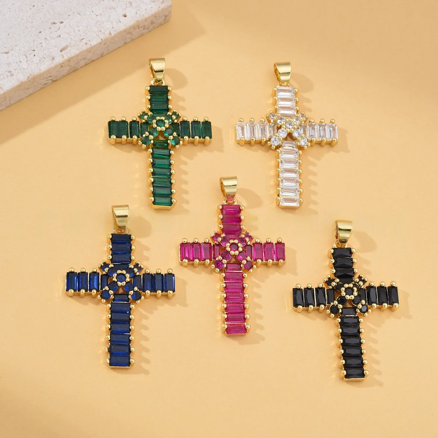 

5pcs European and American Fashion Colored Zircon Cross Pendant Accessorie DIY Pearl Necklace Jewelry Making Materials Wholesale
